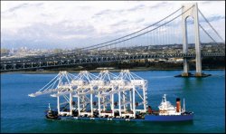 container cranes aboard cargo ship at sea